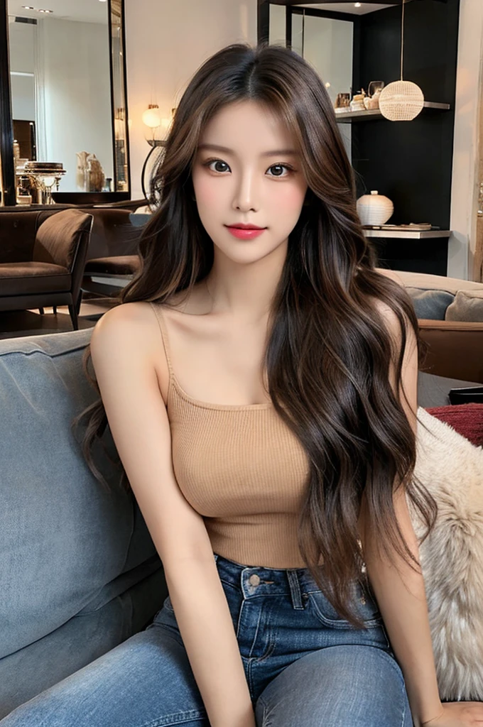 Generate an image of a stunning 20-year-old Asian woman with beauty akin to a goddess of the fire element. She has big brown eyes, dark brown hair, glowing skin, and an attractive appearance. She is wearing a beautiful top paired with blue skinny jeans. The woman is sitting sweetly on a living room sofa, her posture relaxed and inviting, surrounded by cozy and elegant decor.