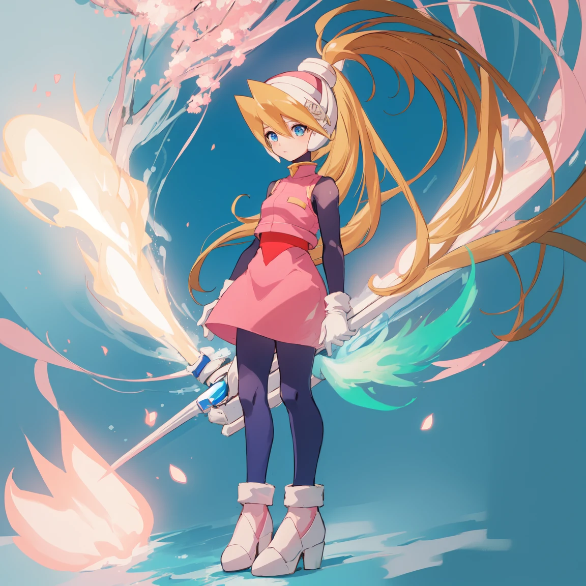 ciel_megamanz, 1girl, solo, long hair, blue eyes, blonde hair, ponytail, headgear, pantyhose, white gloves, pink dress, high quality, masterpiece, standing with green flames coming from a tree