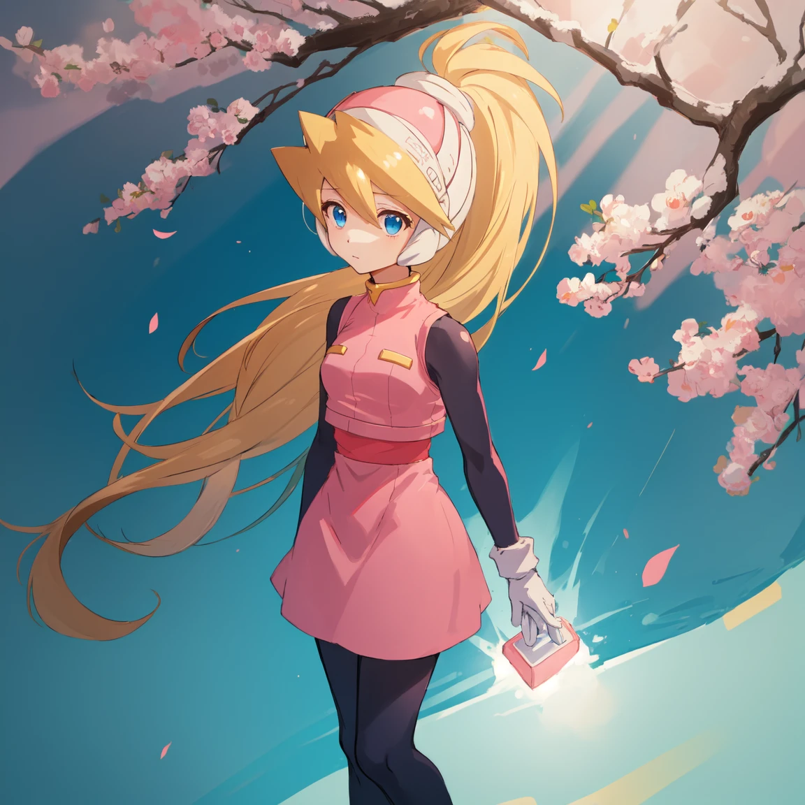 ciel_megamanz, 1girl, solo, long hair, blue eyes, blonde hair, ponytail, headgear, pantyhose, white gloves, pink dress, high quality, masterpiece, standing with green flames coming from a tree