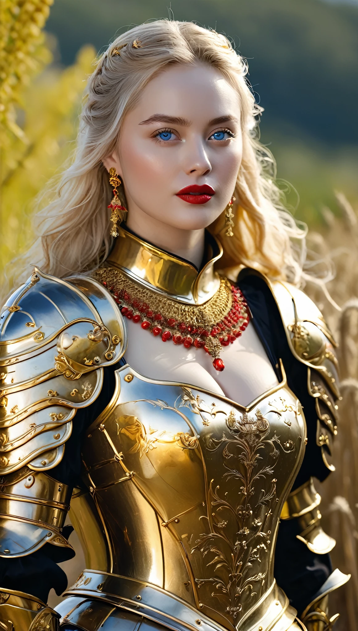 masterpiece,Highest quality,wonderful,(womanの騎士_woman:1),(Golden Armor:1.3), (35歳のwoman騎士:1.3),、Big and ample breasts,,Hyper Real,中世ヨーロッパの都市のbattlefieldにいる,Expressionless,、イギリス人woman、Delicate skin texture to the smallest detail 、(Detailed blue eyes)、(Chubby body type))、(Very large breasts)、中年woman、(ふわふわblondeの長い髪)、Sunburned skin、(blonde)、(((Very large breasts)))、woman騎士、(((Big cleavage)))、Richly decorated gold armor、Medieval witch、Golden long boots with flashy decorations、Deep neckline、Pure gold and jewellery necklaces and collars、Big gold earrings、Bright red lips、Dressed in luxurious gold armor、Gold Long Gloves、She has a big long sword、The sword is ornately decorated..........................、The blade is pitch black、(woman騎士)、(battlefield)、
