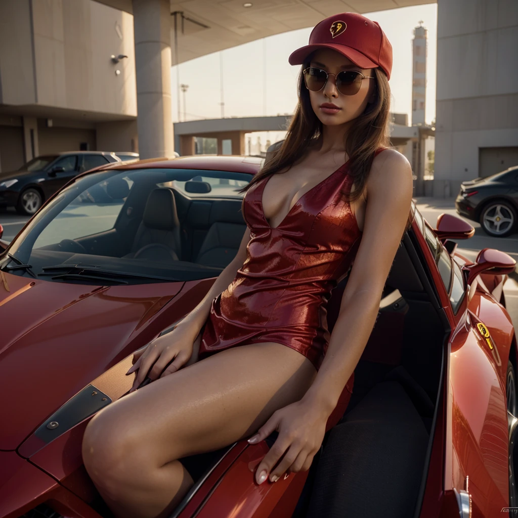 a beautiful girl, elegantly dressed, posing like a model, wearing sunglasses and a cap, sitting in a red ferrari, cinematic lighting, highly detailed, photorealistic, masterpiece, 8k, cinematic composition, dynamic pose, flawless skin, elegant fashion, luxury sports car, beautiful scenery, dramatic lighting, vibrant colors, intricate details, professional photography