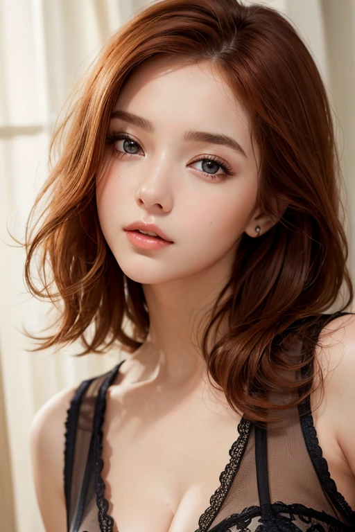 Highest quality, masterpiece, (Realistic: 1.2), 1 Girl, Slim girl, Redhead, Brown eyes, front, Detailed face, Beautiful Eyes, Brown eyes, Big eyes, Small breasts, Cleavage, Long dress