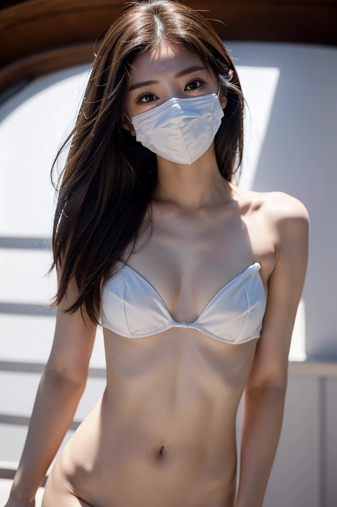 (8K, RAW Photos, Best image quality, masterpiece:1.2), (Realistic, Realistic:1.37), nature, super high quality, Super detailed, Super quality, Fine skin, Sharp focus, Bokeh, Shiny, Depth of written boundary, Shiny髪, Shiny Skin, 1 woman, Japanese, (Age 25:1.5 ), Smooth Skin, No makeup, Long Hair, (Light brown hair:1.2), Iris, Shining Eyes,avert your eyes,(White Mask:1.3), , (naked:1.1), (Top View:1.5), (Perfect Anatomy:1.4), (Small breasts:1.1),
(((Stand up straight facing forward:1.5)))