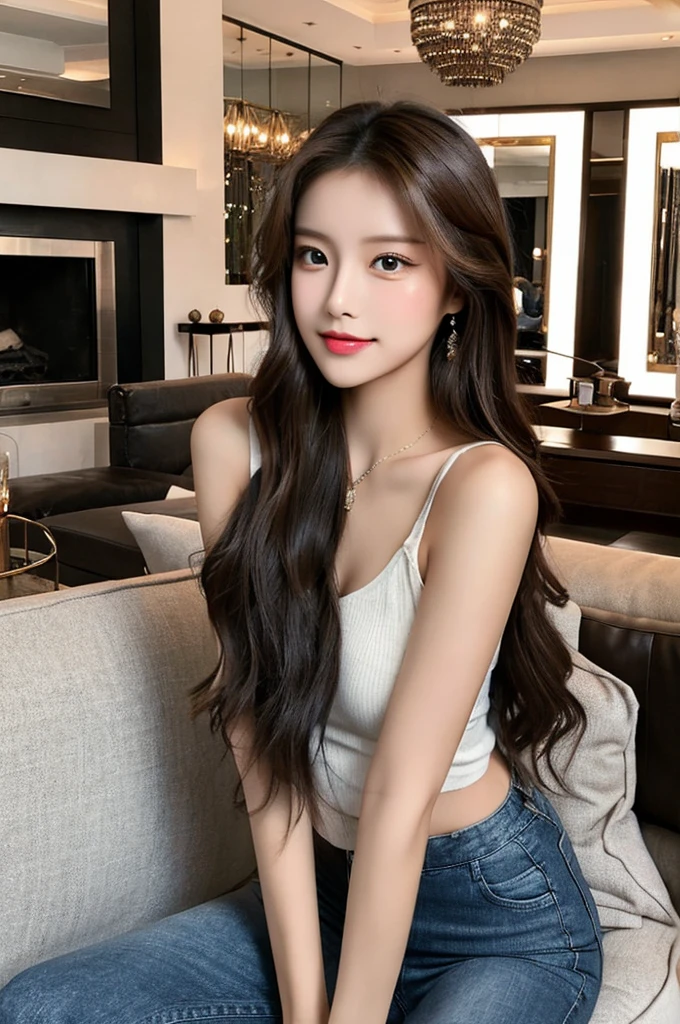 Generate an image of a stunning 20-year-old Asian woman with beauty akin to a goddess of the fire element. She has big brown eyes, dark brown hair, glowing skin, and an attractive appearance. She is wearing a beautiful top paired with blue skinny jeans. The woman is sitting sweetly on a living room sofa, her posture relaxed and inviting, surrounded by cozy and elegant decor.