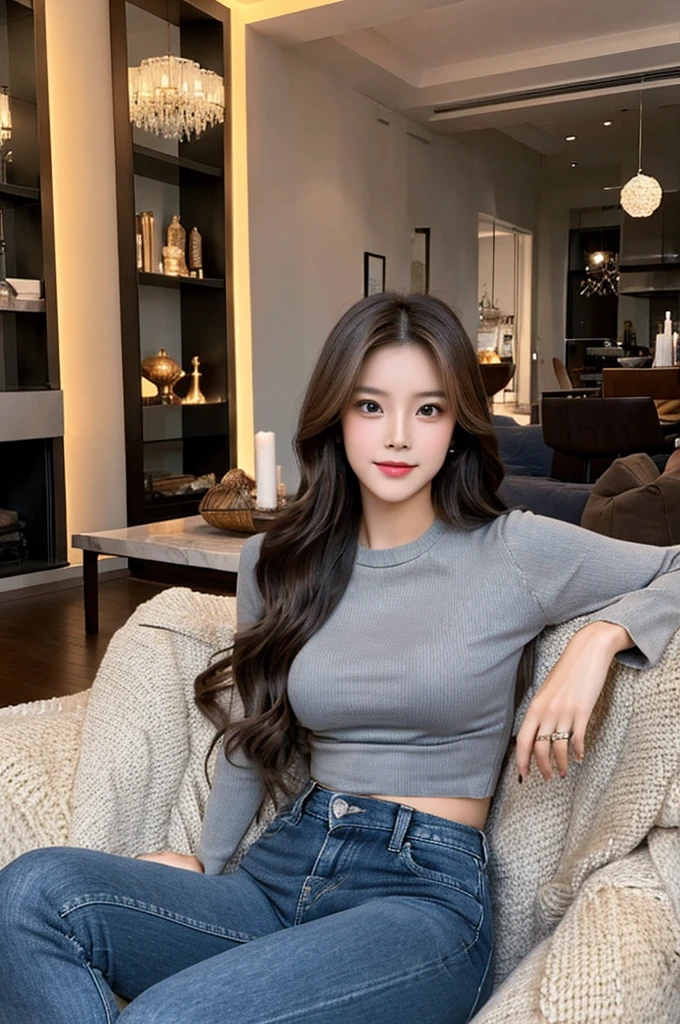 Generate an image of a stunning 20-year-old Asian woman with beauty akin to a goddess of the fire element. She has big brown eyes, dark brown hair, glowing skin, and an attractive appearance. She is wearing a beautiful top paired with blue skinny jeans. The woman is sitting sweetly on a living room sofa, her posture relaxed and inviting, surrounded by cozy and elegant decor.