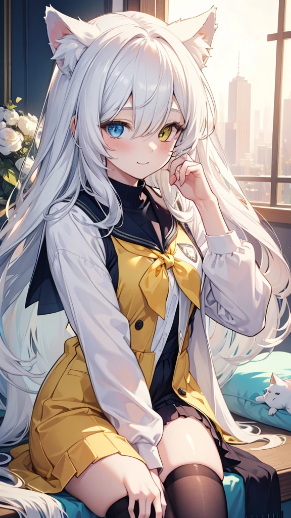 beautiful girl with long white hair, cat ears, heterochromia (left eye blue, right eye yellow), wearing school uniform, white thigh-high stockings, petite body, smiling, angelic halo, detailed face, intricate hair, (best quality,4k,8k,highres,masterpiece:1.2),ultra-detailed,(realistic,photorealistic,photo-realistic:1.37),portrait,anime,vibrant colors,soft lighting