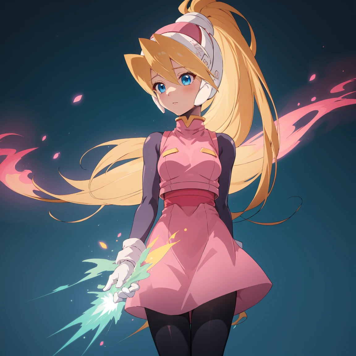 ciel_megamanz, 1girl, solo, long hair, blue eyes, blonde hair, ponytail, headgear, pantyhose, white gloves, pink dress, high quality, masterpiece, standing with green flames coming from a tree