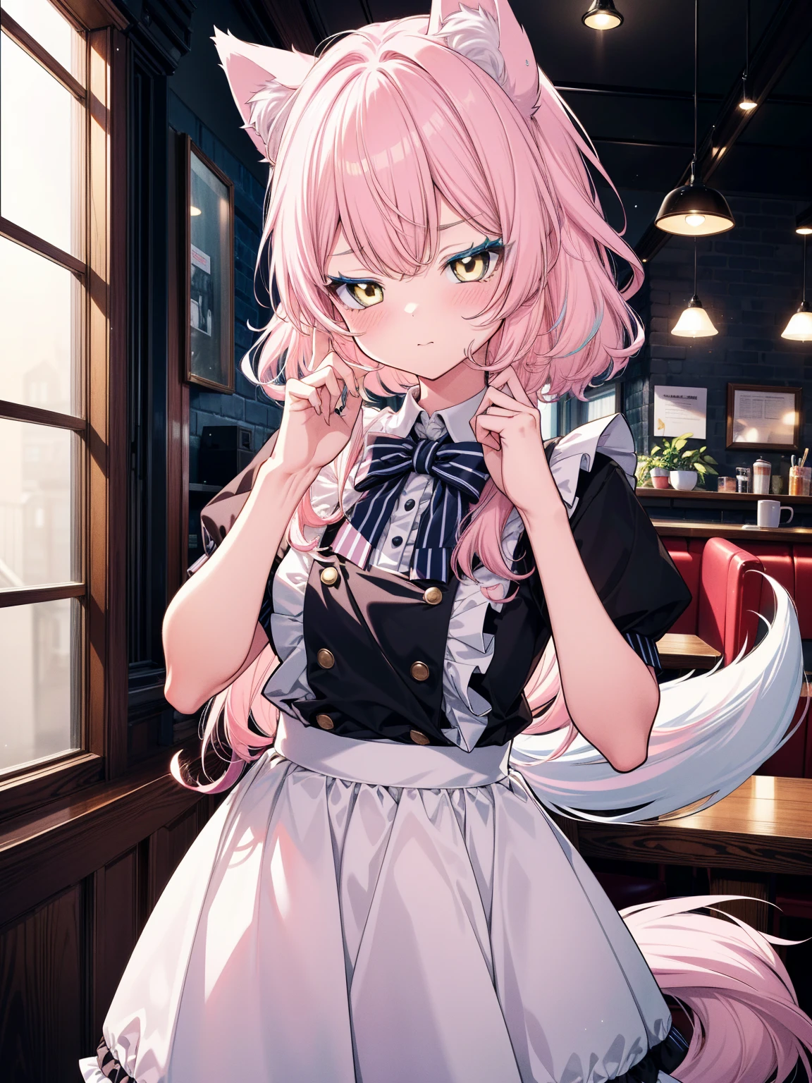 (masterpiece), (best quality), (Perfect anatomical structure), (Extremely detailed), 1 girl, Solitary, Cute face, (Pastel colors), Light, Colorful hair, Light pink hair, (Light blue striped hair:1.1), curls, (Wolf Girl) Wolf ears, Wolf Tail, Maid uniform, Dynamic poses, cafe scenery