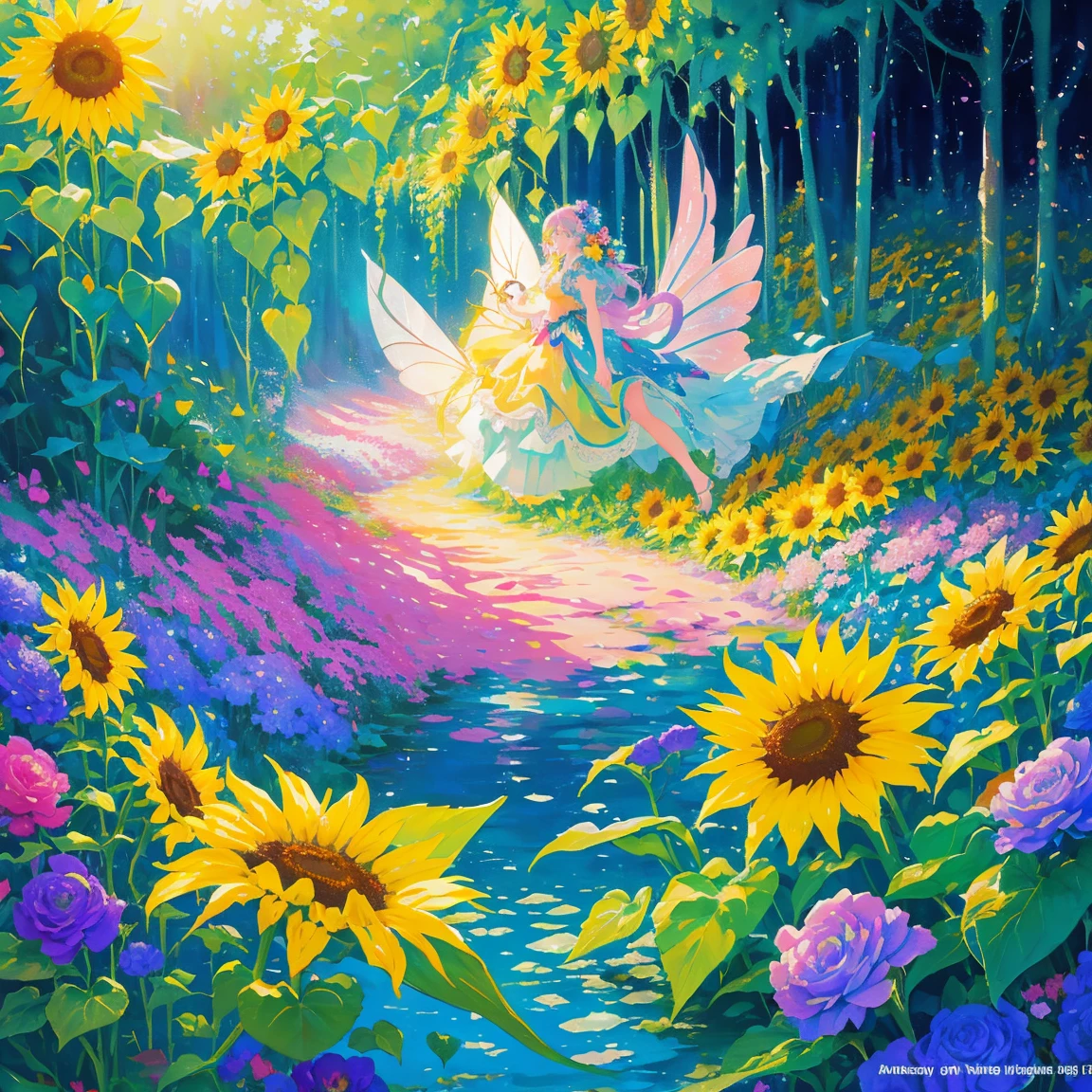 florals ，Colorful flowers ，background are sunflowers，Surrounded by flowers，Seamless design，Fantasy Forest, neonlight, Realistic, Glow，Manhwa Style, Paint with vivid watercolors ,extremely detaile, highly detailed, tmasterpiece, Fairy tale background, in wonderland, Dynamic colors, Fairytale glow, 