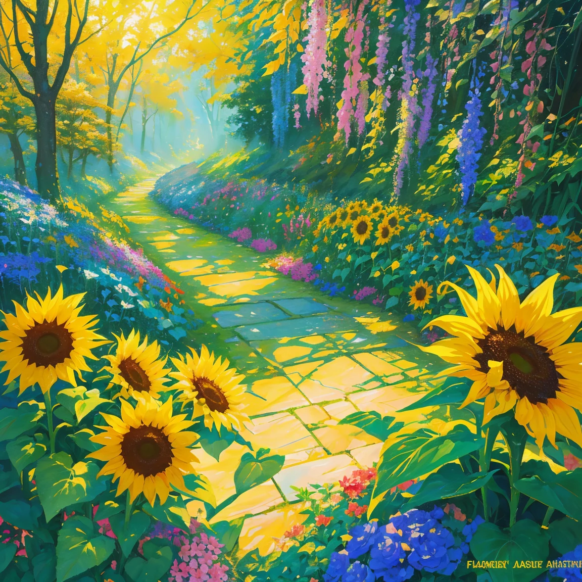 florals ,Colorful flowers ,background are sunflowers,Surrounded by flowers,Seamless design,Fantasy Forest, neonlight, Realistic, Glow,Manhwa Style, Paint with vivid watercolors ,extremely detaile, highly detailed, tmasterpiece, Fairy tale background, in wonderland, Dynamic colors, Fairytale glow,
