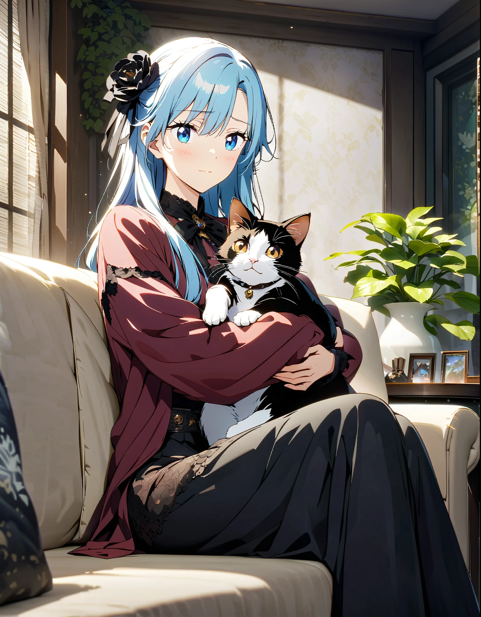 (超detailedなイラスト:1.2),Very delicate and beautiful,非常にdetailed,CG,Unity,8k wallpaper,wonderful,detailed,masterpiece,The best quality in the best condition,Official Art,非常にdetailed CG 8k Unbelievably ridiculous resolution,Beautiful and exquisite,High resolution,非常にdetailedな目と顔,Anime girl sitting on the sofa with a cat in her arms,