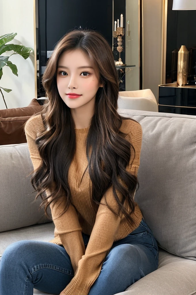 Generate an image of a stunning 20-year-old Asian woman with beauty akin to a goddess of the fire element. She has big brown eyes, dark brown hair, glowing skin, and an attractive appearance. She is wearing a beautiful top paired with blue skinny jeans. The woman is sitting sweetly on a living room sofa, her posture relaxed and inviting, surrounded by cozy and elegant decor.