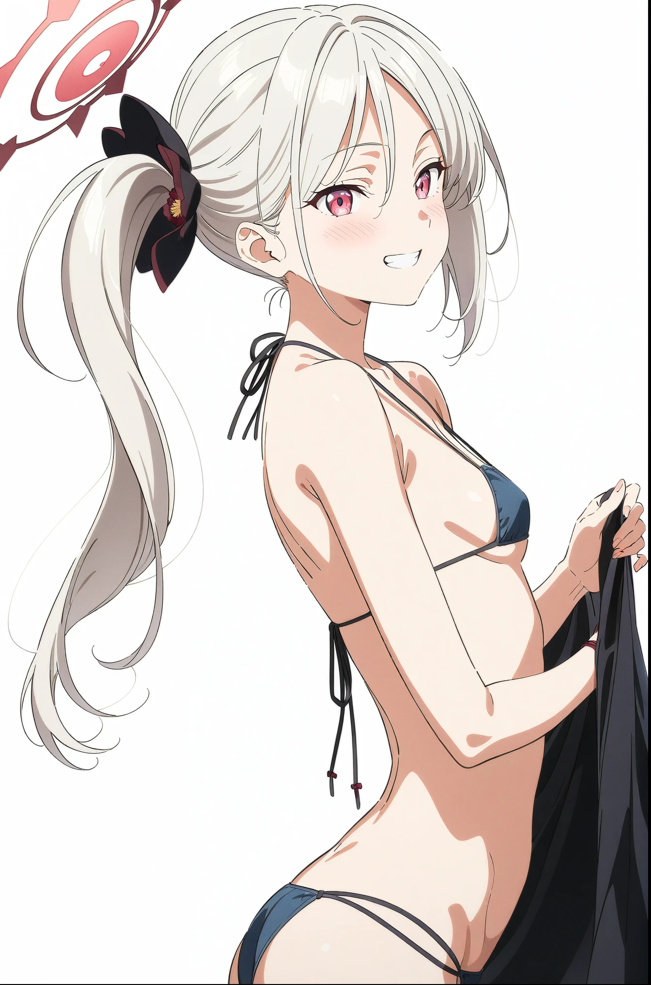 best quality, amazing quality, very aesthetic, absurdres, (1girl, mutsuki, blue archive, solo, red eyes, white hair, side ponytail), (realistic face:0.9),(string bikini:1.8),dress lift, (grin, blush, thigh:1.3), (cowboy shot), (glowing eyes), (half closed eyes:0.9), (from side:2), (official art:1.3), (pool), expressive eyes, perfect face, 4k, extremely detailed anime illustration, extremely detailed eyes, perfect anatomy, light rays, extremely delicate body, smooth skin, (simple background:1.5), clear eyes, beautiful face, small breasts,(anime style:1.7), (Warm Light:1.5), (highres:2),