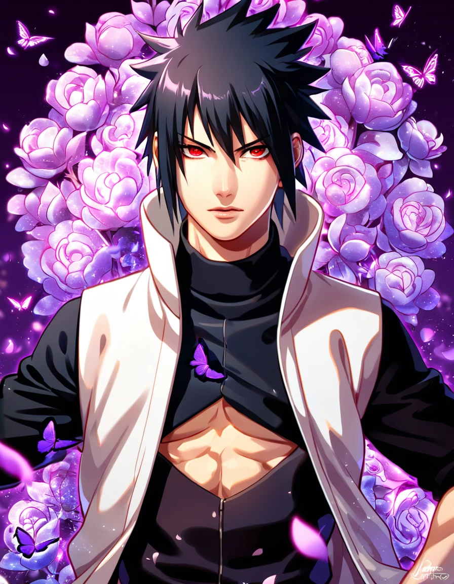 absurdres, highres, ultra detailed, HDR, master piece, best quality, Uchiha Sasuke, black hair, expressive red eyes, Naruto Shippuden, solo, sexy man, handsome, toned chest, white coat, black tight shirt, purple butterflies, petals, purple flowers, magical, fantasy, glittering, purple background