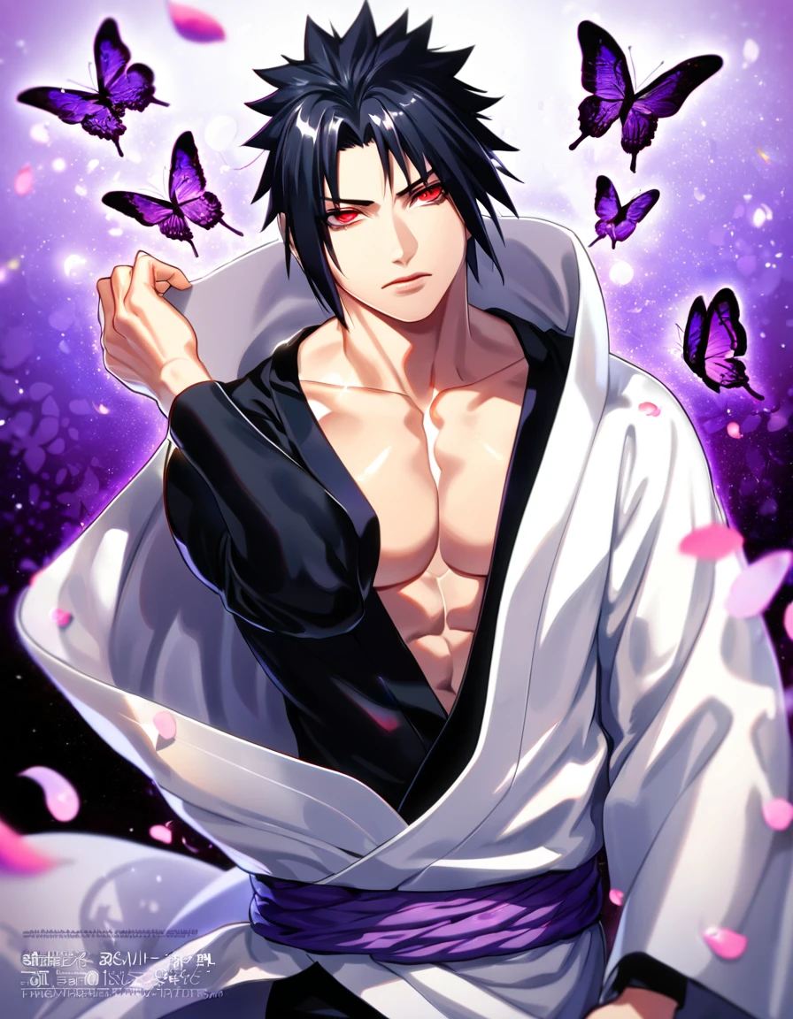 absurdres, highres, ultra detailed, HDR, master piece, best quality, Uchiha Sasuke, black hair, expressive red eyes, Naruto Shippuden, solo, sexy man, handsome, toned chest, white coat, black tight shirt, purple butterflies, petals, purple flowers, magical, fantasy, glittering, purple background
