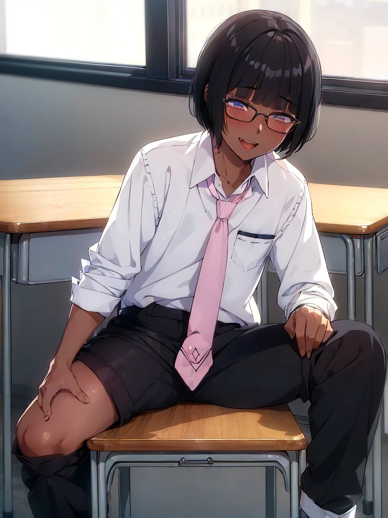 (1 feminine boy solo:1.7),(dark skin:1.5),(masterpiece:1.2), highest quality, High resolution, unity 8k wallpaper, (fine and beautiful eyes:1.6), highly detailed face, perfect lighting, Detailed CG, (perfect hands, perfect anatomy),20 years old, (black hair:1.3), detailed eyes, best quality, extremely detailed, very precise detailed, (glasses:1.4), (blunt bangs:1.5), (open mouth:1.2), (short hair:1.5), (evil smile:1.4), , (half closed eyes:1.3) ,long sidelocks, (blush:1.3),(sit on desk:1.3),(Put left knee in front:1.5),(school uniform pant:1.5),(loosen necktie:1.2),spread legs,knee up