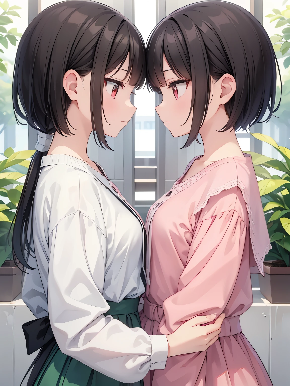 masterpiece, best quality, extremely detailed, anime, 2Girls, twins, same face, same clothes, black hair, the girl on the right has very short hair, the girl on the left has very long hair, facing each other,, screen split down the middle,