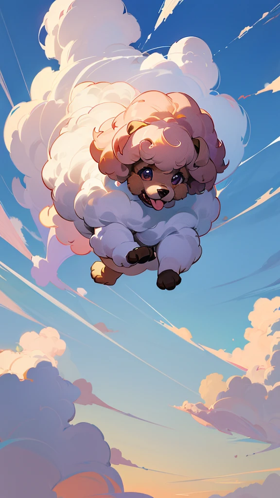 A cute poodle is running through the clouds in a beautiful sky