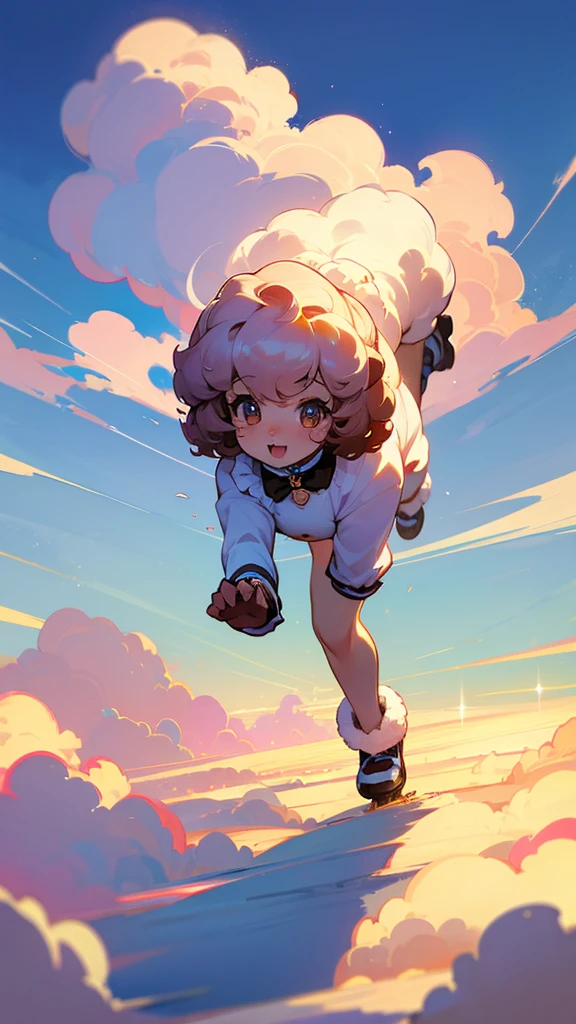A cute poodle is running through the clouds in a beautiful sky