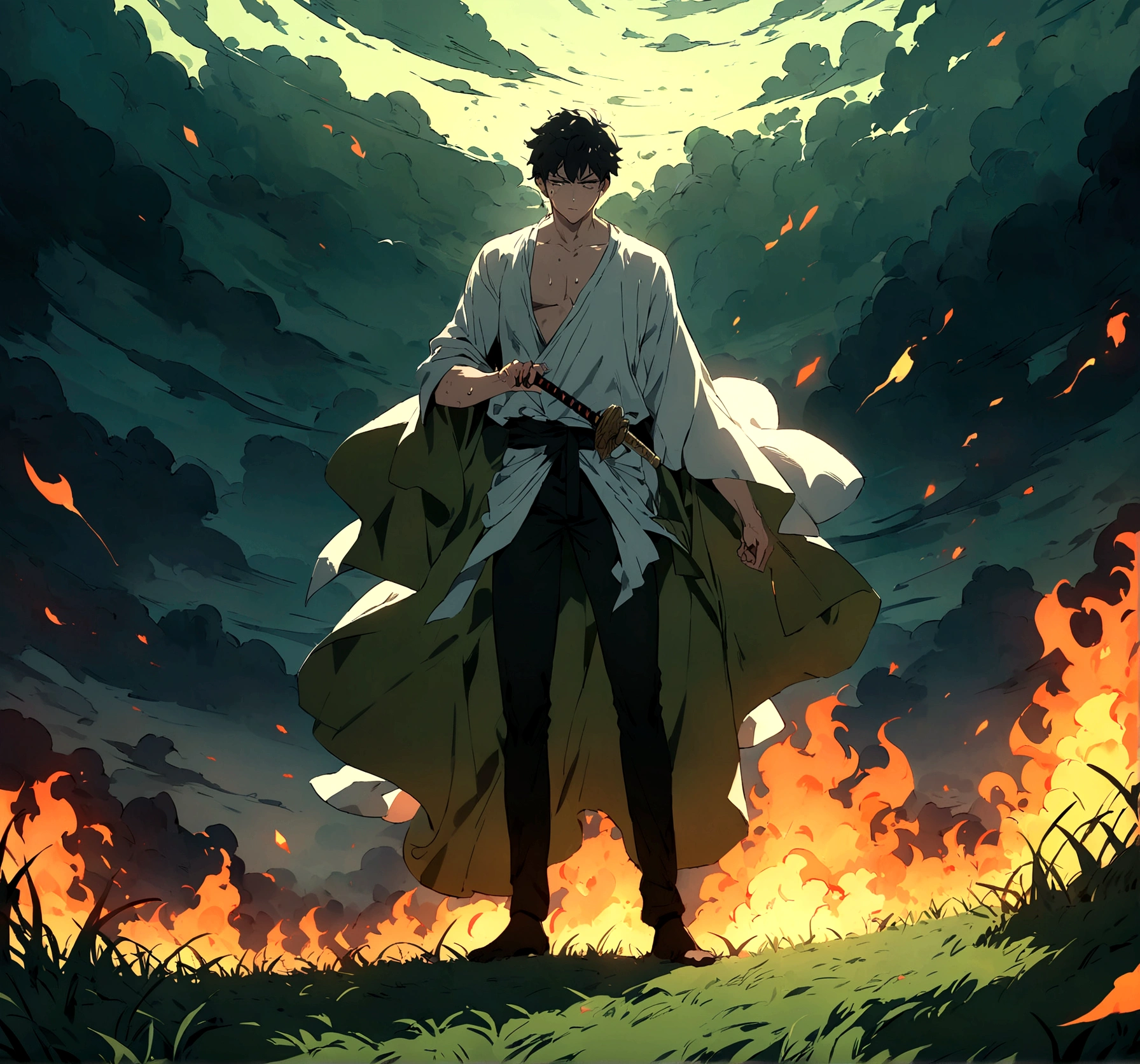 (BEST QUALITY)(BEST RESOLUTION)(MASTERPIECE)(ANIME ART)(ANIME STYLE) A man holding a katana sword in its hands while standing in swordfight posture, he is wearing only black pants and a white fabric shirt, he has no shoes on, he is in a vast field of green grass but the field is on fire, the fire is not touching him, the fire is surrounding him, he is alone in the picture, sweating, with a tired face and he is injured