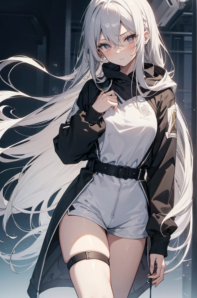 1girl, {Solitary}, Upper Body ,{{ {Watching at viewer}}}, Arms at your sides, Concept Art, white Background, simple Background, White hair, Silver gradient hair , Composite cloth, Asymmetrical clothes, Virtual YouTuber, best quality, masterpiece, Dynamic Angle, guilty gear, guilty gear, guilty gear, cowboy_shooting, Watching_Back, grab, girl,Miss,woman, young,20 years old, Very long hair, Hair Flip, Silver Hair, Flowing hair, Ahog, giggle, Beautiful and delicate golden eyes, teeth, Moderate_breast, Blonde eyes, White skin, hoodie, Black_shorts, Gray clothes, transparent_Background, Backlighting, absurd, high resolution, Extremely detailed,sweater,No pants