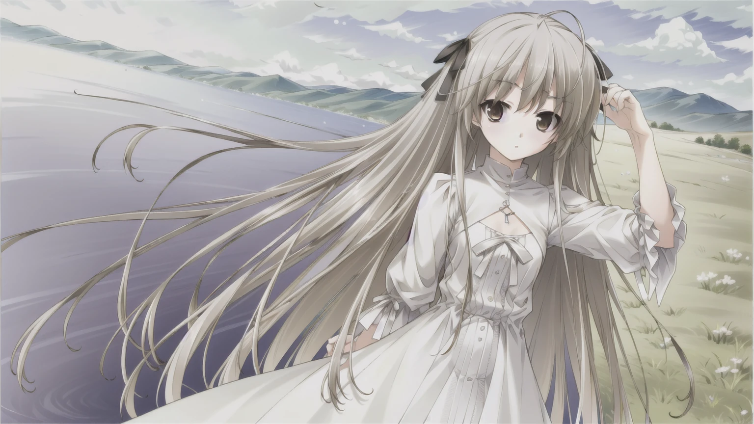 ((masterpiece:1.4, best quality)) ,Kasugano Sora,Cool girl,Brown eyes,Long and straight hair，outdoor，Cooking smoke rises，Thousands of miles across the river