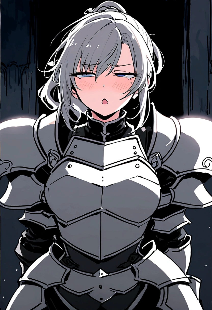 Beautiful girl knight in armor, Gray Hair, tsurime, fantastic, Face your body forward like a certificate photo, shoot from front, Ponytail, Armor Girl, beautiful female knight, Female Paladin, pale blue eyes, narrowed eyes squint, Talking mouth, full body