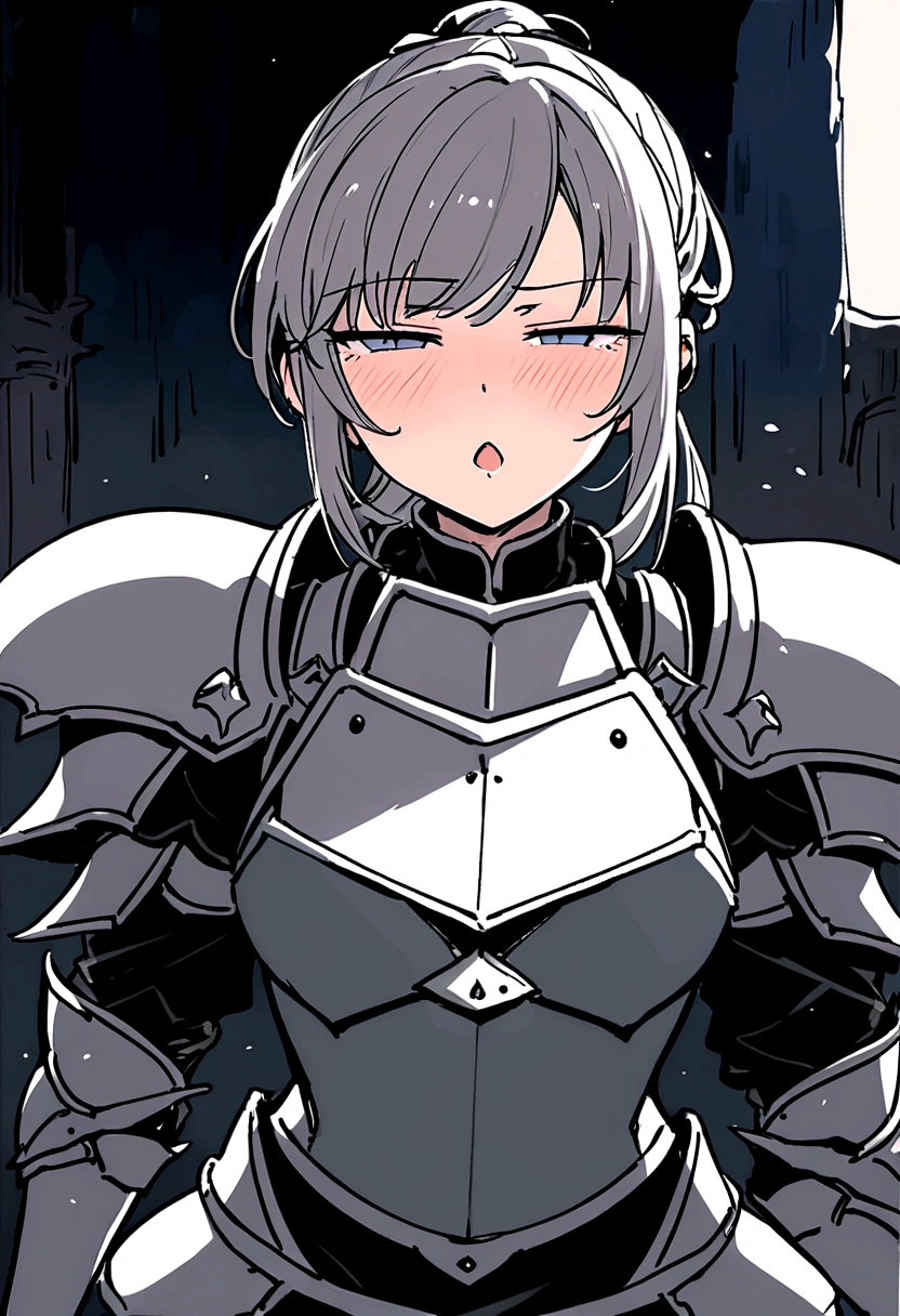 Beautiful girl knight in armor, Gray Hair, tsurime, fantastic, Face your body forward like a certificate photo, shoot from front, Ponytail, Armor Girl, beautiful female knight, Female Paladin, pale blue eyes, narrowed eyes squint, Talking mouth, full body