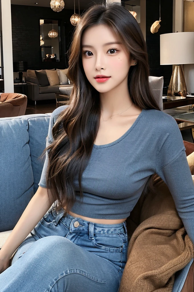 Generate an image of a stunning 20-year-old Asian woman with beauty akin to a goddess of the fire element. She has big brown eyes, dark brown hair, glowing skin, and an attractive appearance. She is wearing a beautiful top paired with blue skinny jeans. The woman is sitting sweetly on a living room sofa, her posture relaxed and inviting, surrounded by cozy and elegant decor.