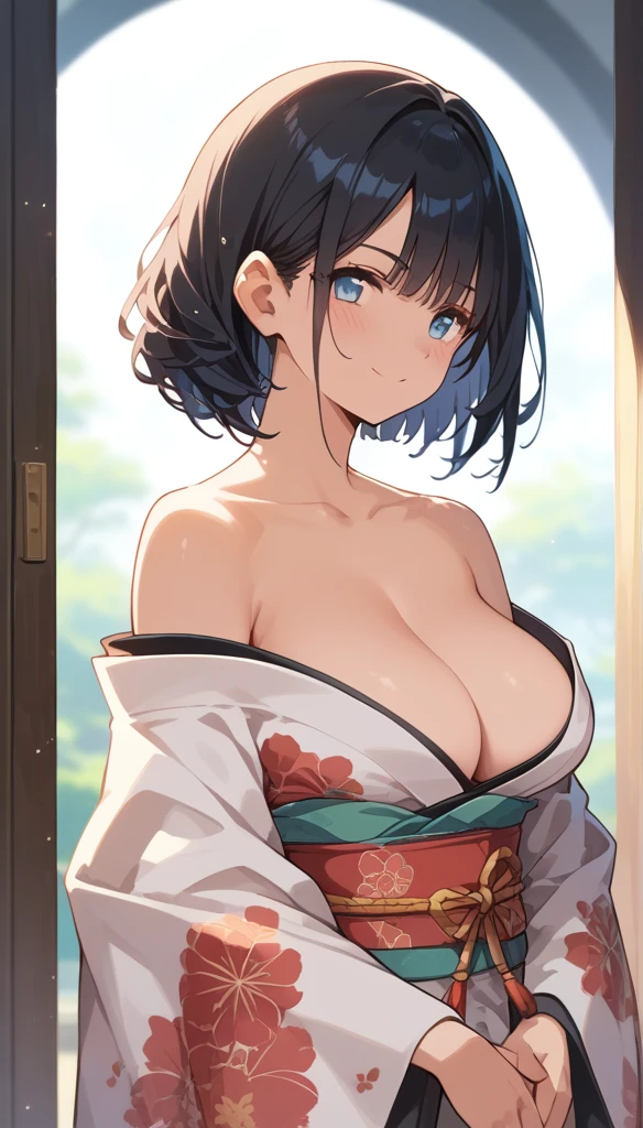 (score_9,score_8_up,score_7_up,score_6_up),masterpiece,best quality, source anime, rating_explicit, (((masterpiece))), (((best quality))), ((ultra-detailed)), ((illustration)), (1girl), (beautiful Japanese woman), (long black hair), (blue eyes), (simple background), (wearing traditional kimono), (detailed face), (perfect anatomy), (detailed light and shadow), (serene expression), (minimalist style),(cleavage:1.1),((shy smile)), (eyeshadow:0.8), digital collaring, (Sun glare;1.2), Bokeh, Depth of written boundary, Blurred Background, Particles of light, Strong winds, glossy skin, (High-Key Lighting), ((light front)), ((glowing))

