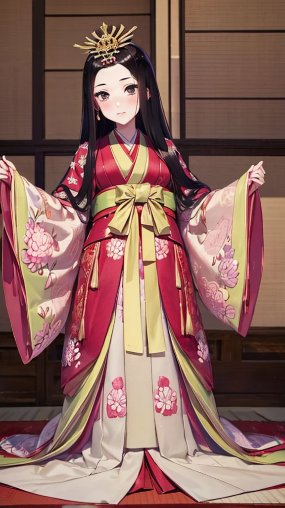 　A beautiful -yeld Jaese princess from the Sengoku period with long black hair　Gorgeous embroidery, Ultra glossy, She is wearing a shiny Edo-period princess kimono.　She's having sex　