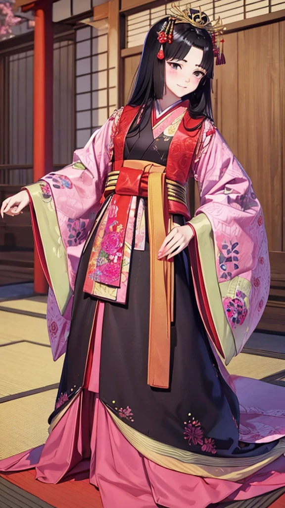 　A beautiful -yeld Jaese princess from the Sengoku period with long black hair　Gorgeous embroidery, Ultra glossy, She is wearing a shiny Edo-period princess kimono.　She's having sex　