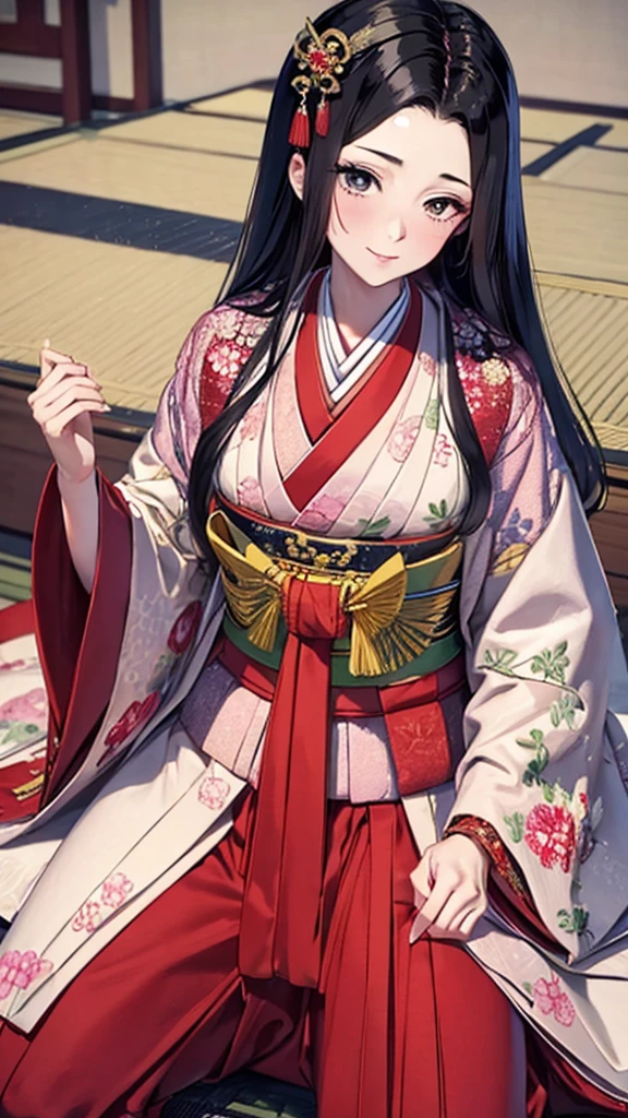 　A beautiful -yeld Jaese princess from the Sengoku period with long black hair　Gorgeous embroidery, Ultra glossy, She is wearing a shiny Edo-period princess kimono.　She's having sex　