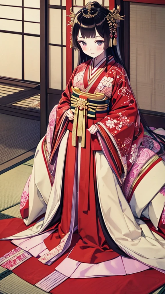 　A beautiful -yeld Jaese princess from the Sengoku period with long black hair　Gorgeous embroidery, Ultra glossy, She is wearing a shiny Edo-period princess kimono.　She's having sex　