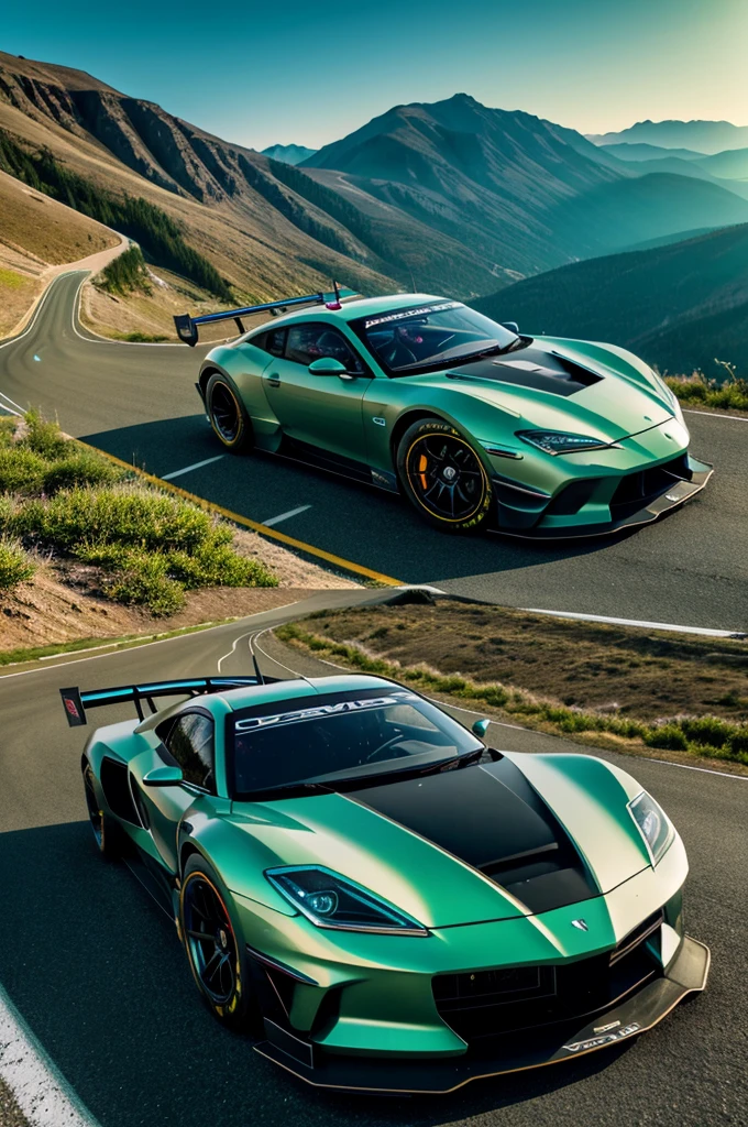 generate a cyberpunk car.Realistic photo in high quality.A sports racing car rushes at high speed along the slope of a high mountain.At the very edge of the cliff.The car must be metallic light green color.Draw a soaring eagle in the sky.Highly detailed drawing.The priority should be the car and the soaring eagle