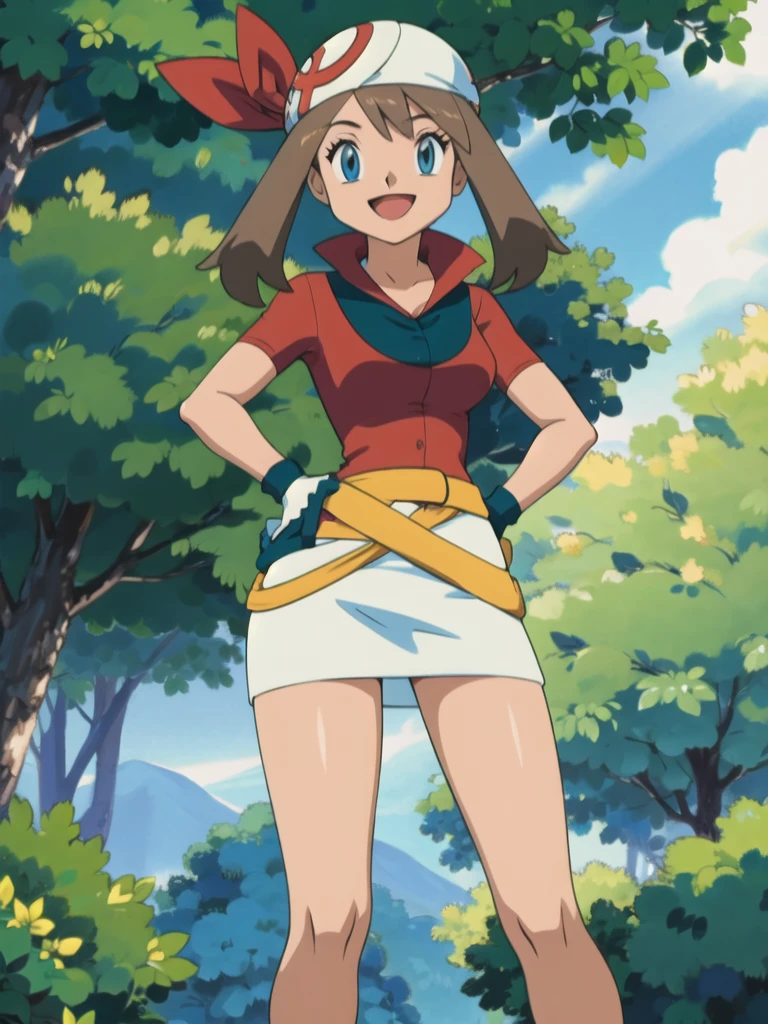 may \(pokemon\), forest, light rays, 1girl, solo, cowboy shot, standing, looking at viewer, smile, open mouth, hand on hip, hand on own thigh, bandana, shirt, skirt, bike shorts, gloves, fanny pack,
