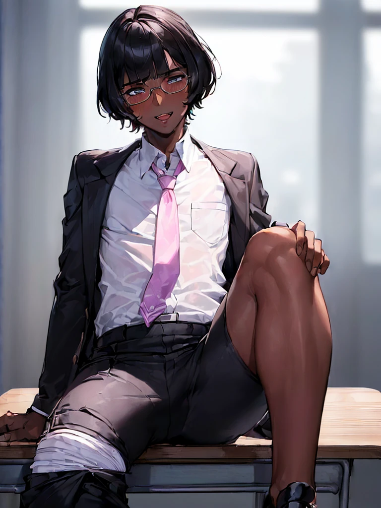 (1 feminine boy solo:1.7),(dark skin:1.5),(masterpiece:1.2), highest quality, High resolution, unity 8k wallpaper, (fine and beautiful eyes:1.6), highly detailed face, perfect lighting, Detailed CG, (perfect hands, perfect anatomy),20 years old, (black hair:1.3), detailed eyes, best quality, extremely detailed, very precise detailed, (glasses:1.4), (blunt bangs:1.5), (open mouth:1.2), (short hair:1.5), (evil smile:1.4), , (half closed eyes:1.3) ,long sidelocks, (blush:1.3),(sit on desk:1.3),(Put left knee in front:1.5),(school uniform pant:1.5),(loosen necktie:1.2),spread legs,knee up