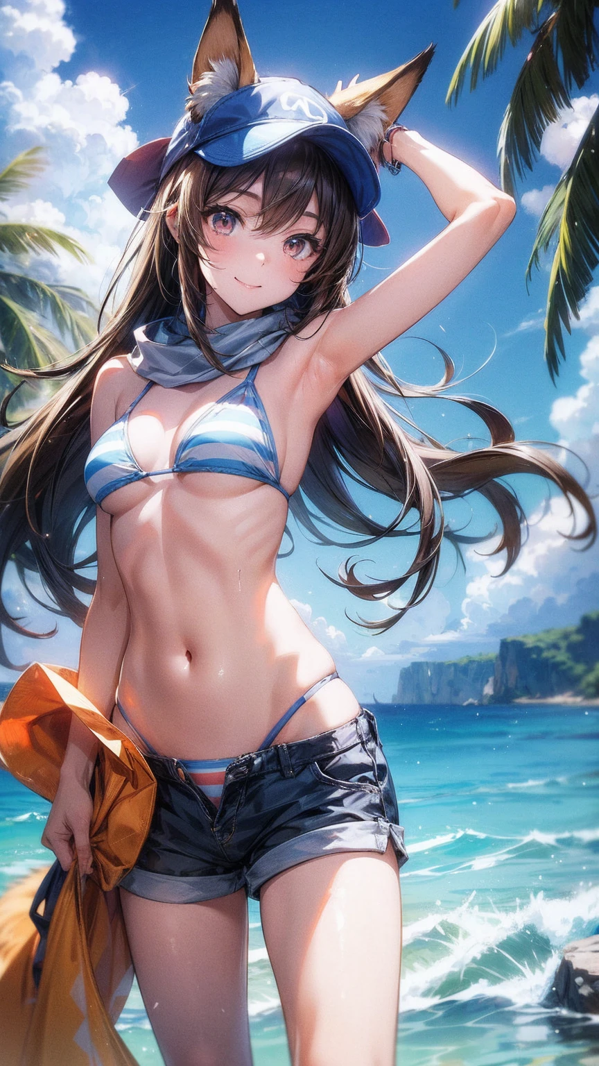 masterpiece,high resolution, animal_ears, Tail, 1girl, swimsuit, Bikini, palm_Tree, fox_Tail, shorts, fox_ears, scarf, Striped_Bikini, Tree, Open_Mouth, Smile, Front laces_top, Striped, Front laces_Bikini, animal_ear_Brushed, Solitary, Brown_hair, ocean, sky, Sun Visor_cap, cloud, sky空, short_shorts, blue_sky空, fox_Tail, breast, fox_girl, water, tilt_forward, Umbilical cord, fox_ears, Halo