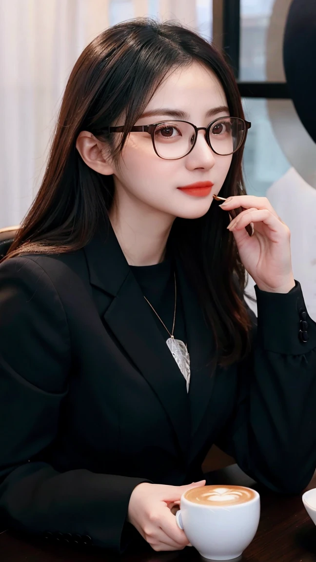 arafed couple sitting at a table with a cup of coffee, wearing a suit and glasses, wearing black frame glasses, with black eyeglasses, wearing thin large round glasses, with square glasses, ruan jia and fenghua zhong, with glasses, in style of lam manh, wearing black rimmed glasses, wearing square glasses