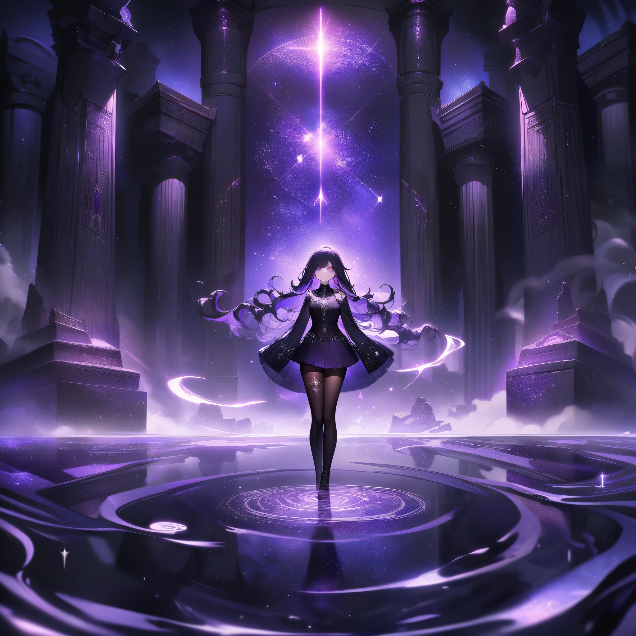 A gothic oracle in a dark purple mini skirt with tights displaying mystical eye patterns and swirling mists in silver. She stands in a shadowy, ancient temple with glowing runes on the walls, surrounded by a pool of shimmering, dark water reflecting the starry night sky. Tags: best quality, ultra-detailed, gothic, mystical, otherworldly, ethereal.