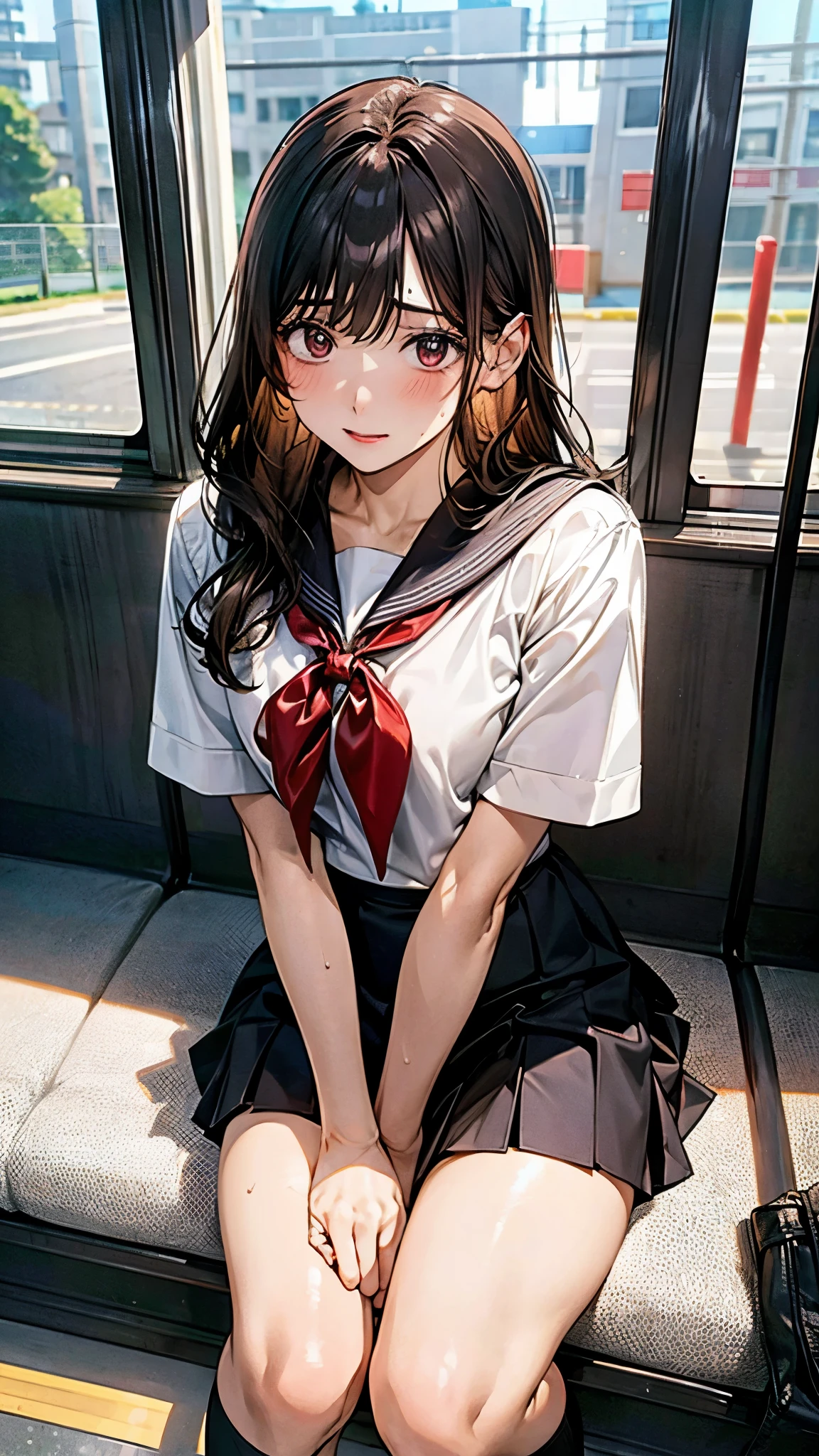 POV,Shiny, sweaty thighs:1.5,open legs,Japanese , sitting on a train,reading a book,sailor uniform, white shirt, red ribbon, brown leather shoes, skirt lirt,black skirt,black high socks, orgasm expression, train interior, morning light, calm atmosphere, urban setting, high quality, highly detailed, realistic photo, intricate details