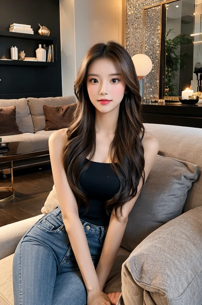 Generate an image of a stunning 20-year-old Asian woman with beauty akin to a goddess of the fire element. She has big brown eyes, dark brown hair, glowing skin, and an attractive appearance. She is wearing a beautiful top paired with blue skinny jeans. The woman is sitting sweetly on a living room sofa, her posture relaxed and inviting, surrounded by cozy and elegant decor.