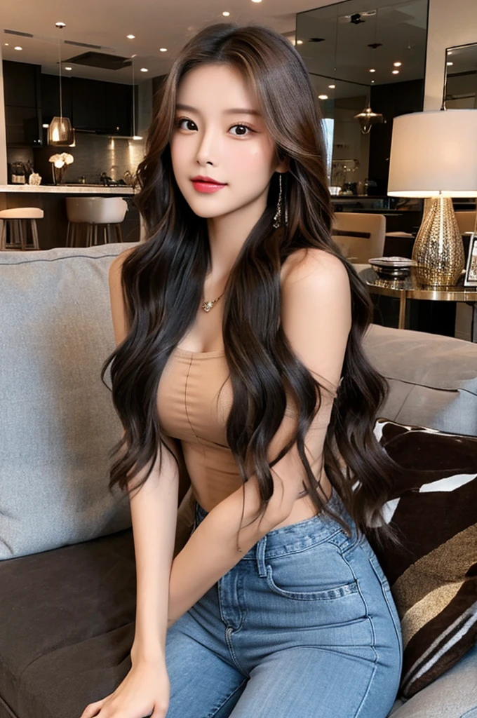 Generate an image of a stunning 20-year-old Asian woman with beauty akin to a goddess of the fire element. She has big brown eyes, dark brown hair, glowing skin, and an attractive appearance. She is wearing a beautiful top paired with blue skinny jeans. The woman is sitting sweetly on a living room sofa, her posture relaxed and inviting, surrounded by cozy and elegant decor.