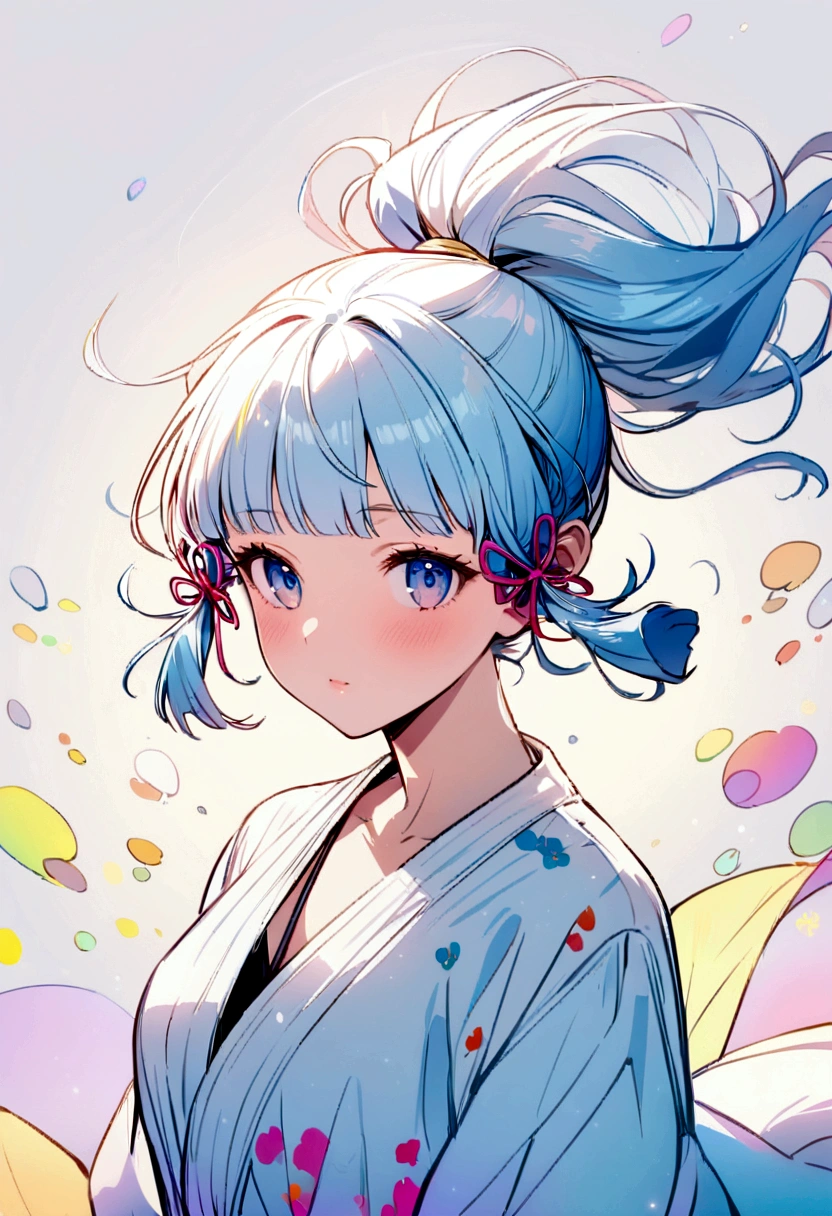 (masterpiece), (best quality), (Extremely detailed),(Messy hair),(illustration), (1 Girl), (Fashion), permanent, fashion model, Looking at the audience, (interview), (Simple background),Beautiful and delicate eyes, Delicate and beautiful face, floating,(High Saturation),(Colorful splash),Colored bubbles,(shining), Focus on the face, Ponytail, Kamisato Ayaka, Light blue hair, Bangs, Hair ring, Floating flowers, Floating hair, (shining), Optimal lighting, The best shadow,