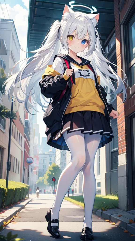 White hair,Long hair,Cat ear,Heterochromia(Blue on the left and yellow on the right),Campus clothing,White pantyhose,Loli body type,Smile,Halo
