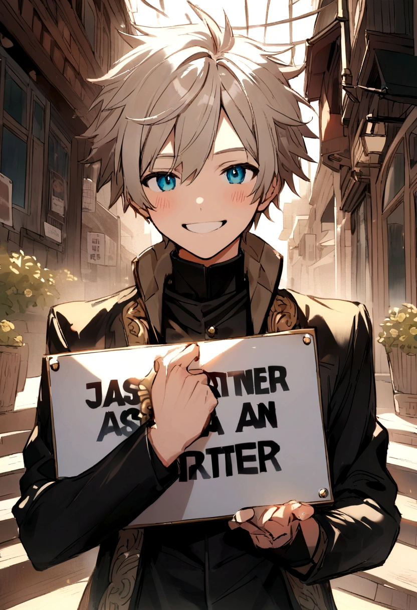 Teenage boy smile holding sign sign text jasa partner project
