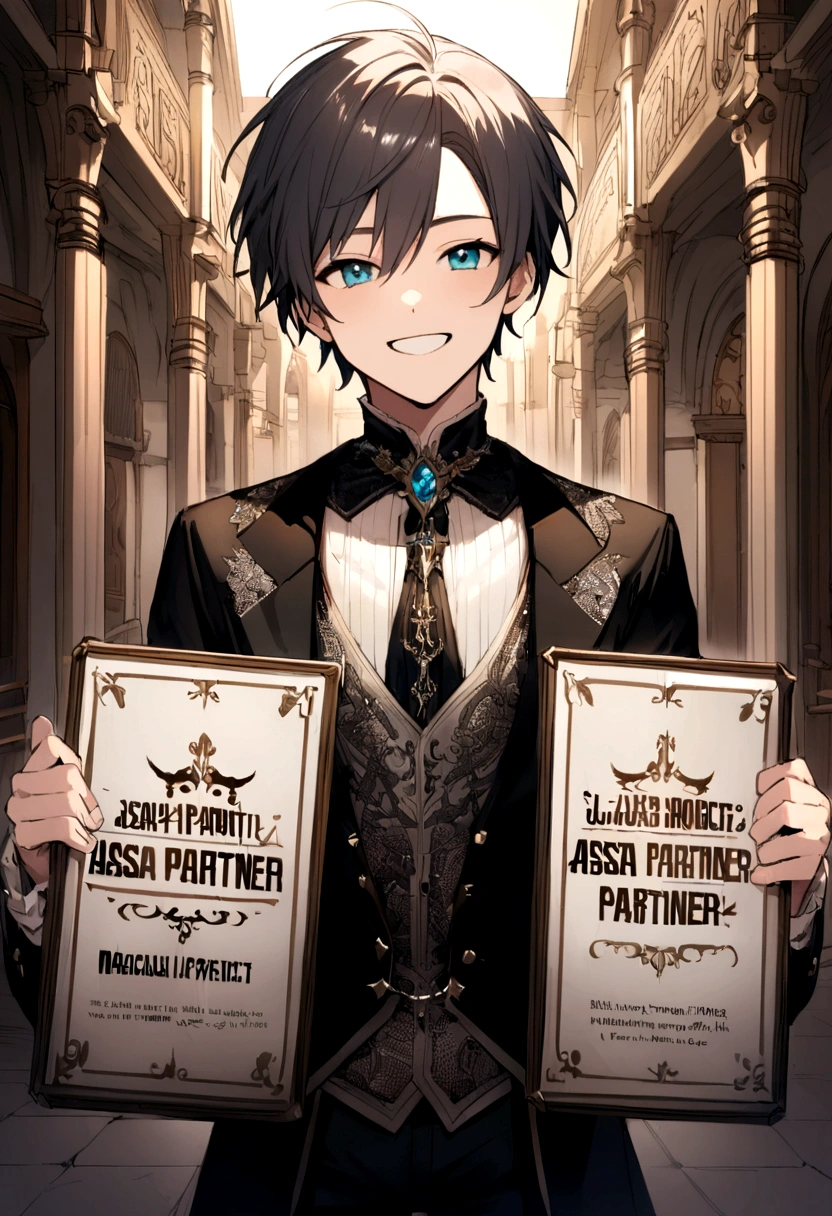 Teenage boy smile holding sign sign text jasa partner project