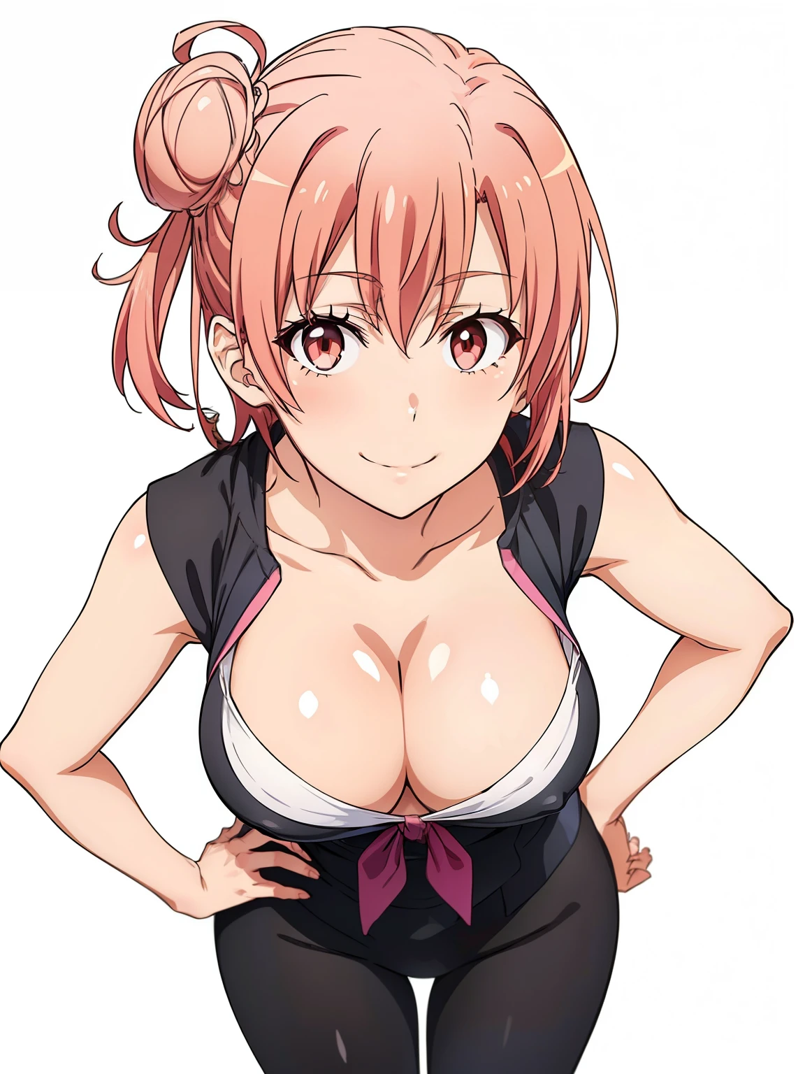 ((masutepiece, Best Quality, hight resolution, nffsw, Perfect Pixel, depth of fields, 4K, )), 1girl in, Solo, , Beautiful anime girl, Beautiful Art Style, close up, Looking at Viewer, Perfect body, Yuigahama Yui, Short hair, pink hair, hairbun, (large boob), hands on hips, bent over, see through suit, cleavage, breasts, nipples, smiling, blank white background, shot from above