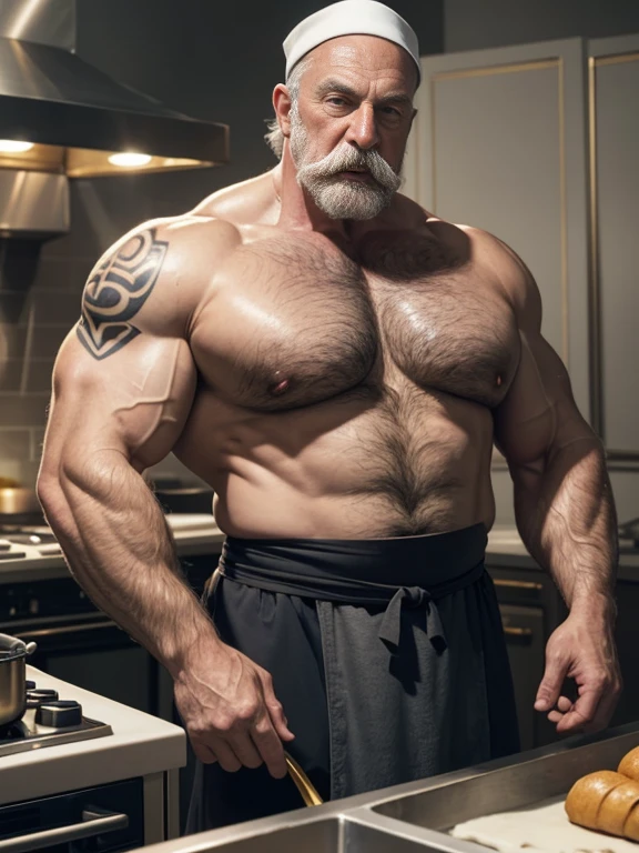 Bare-chested superhero chef, extremely old, over 80 years old, very muscular, of more than 200 kg, Nordic bare-chested, large flabby and sagging pecs, huge brown nipples with brass rings, very long gray hair and big gray mustaches with huge tattooed arms in a kitchen with white pants and a white chef's boss