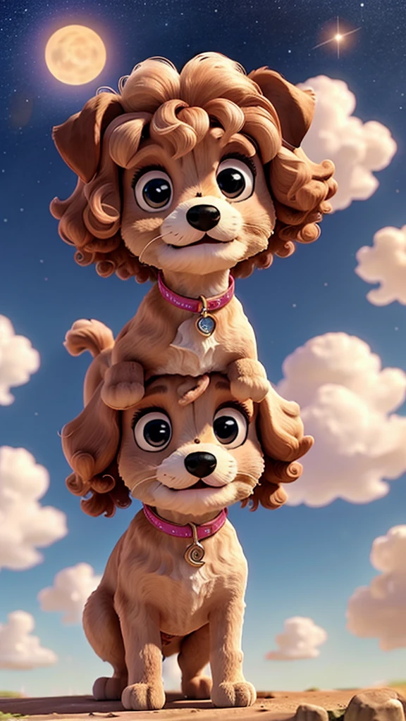 A cute poodle is running through the clouds in a beautiful starry sky